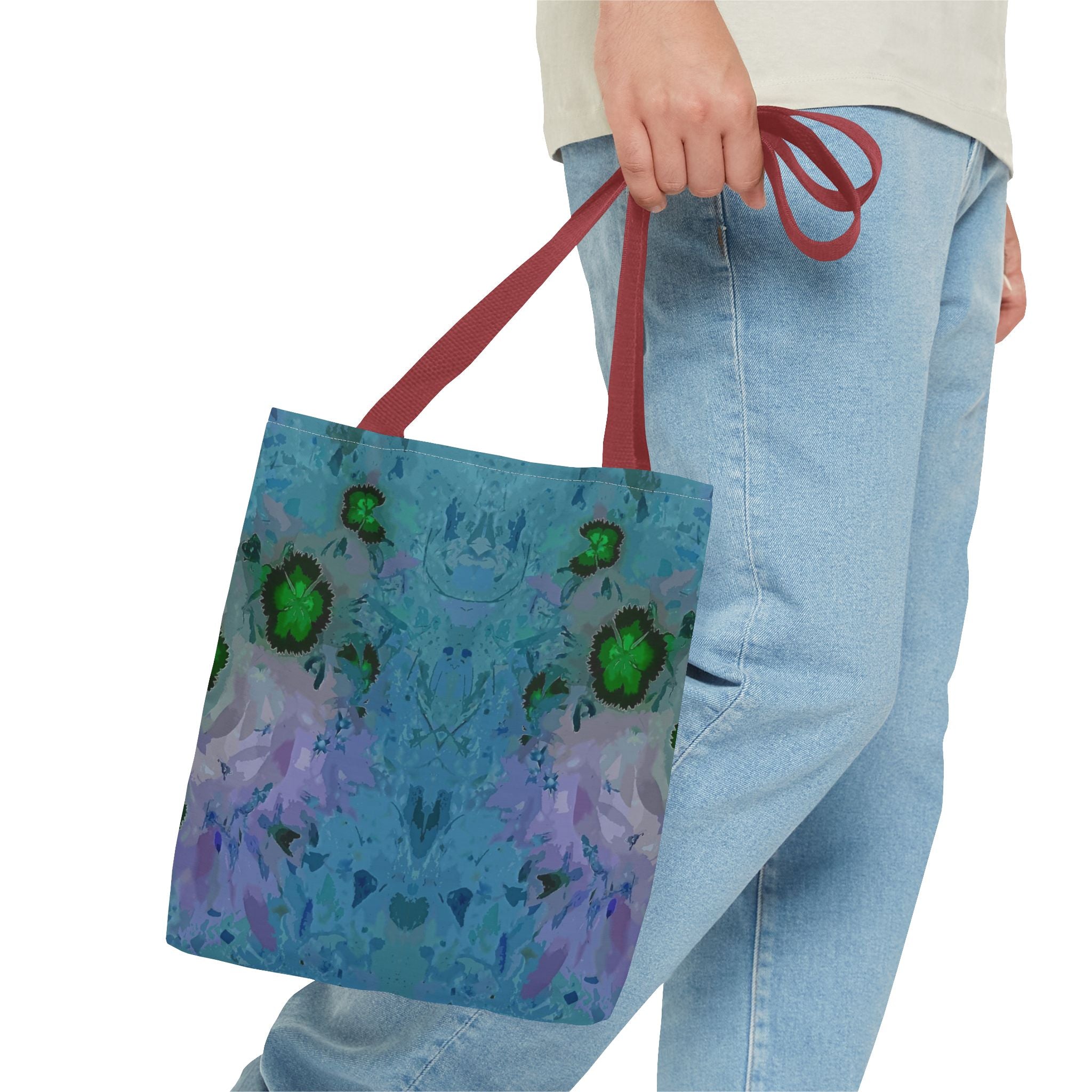 Abstract Blue-Green Art Tote Bag – All-Over Print Floral Kaleidoscope