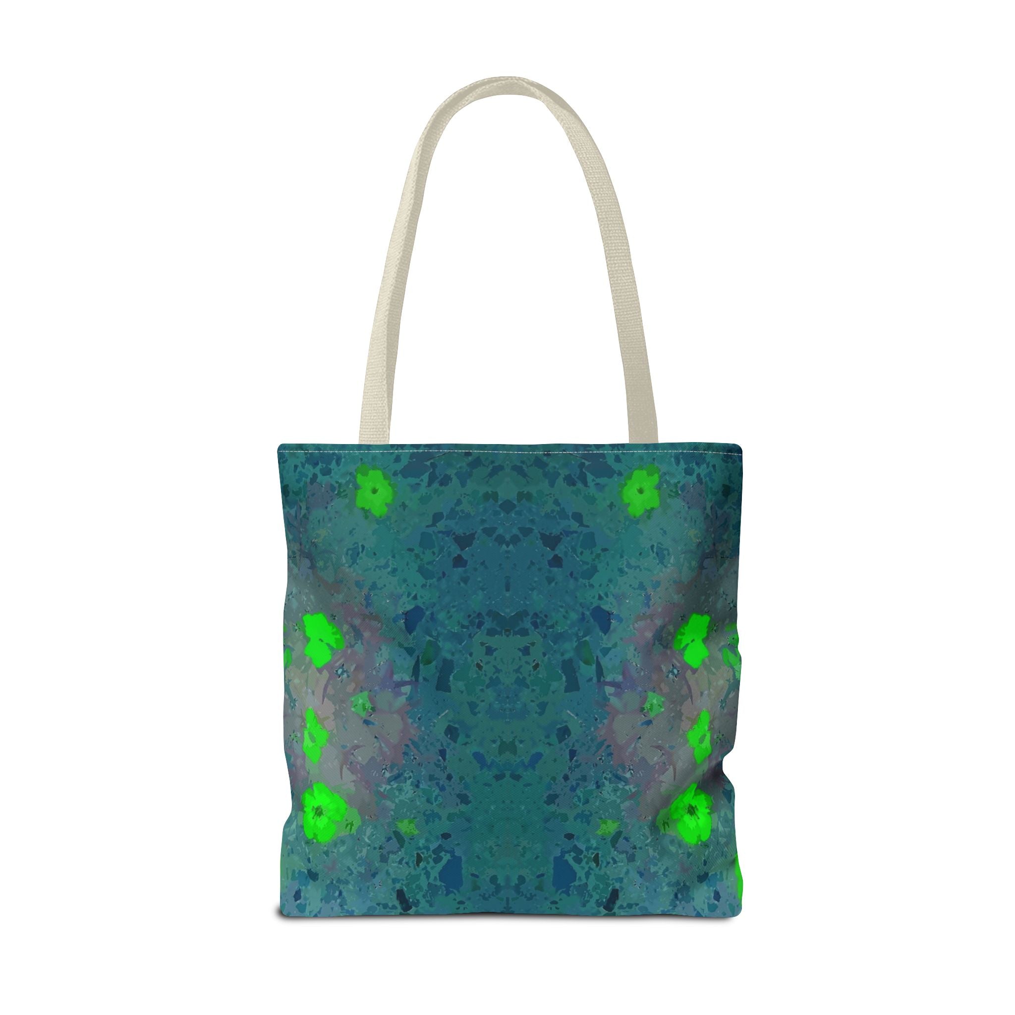 Teal Kaleidoscope Tote Bag — Abstract Green Floral All-Over Print