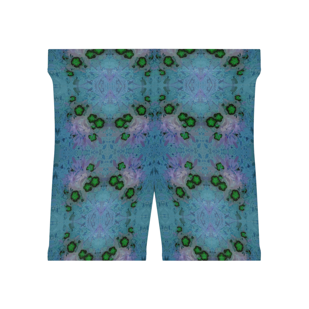 Blue Green Kaleidoscope Women's Biker Shorts — Abstract Floral Activewear