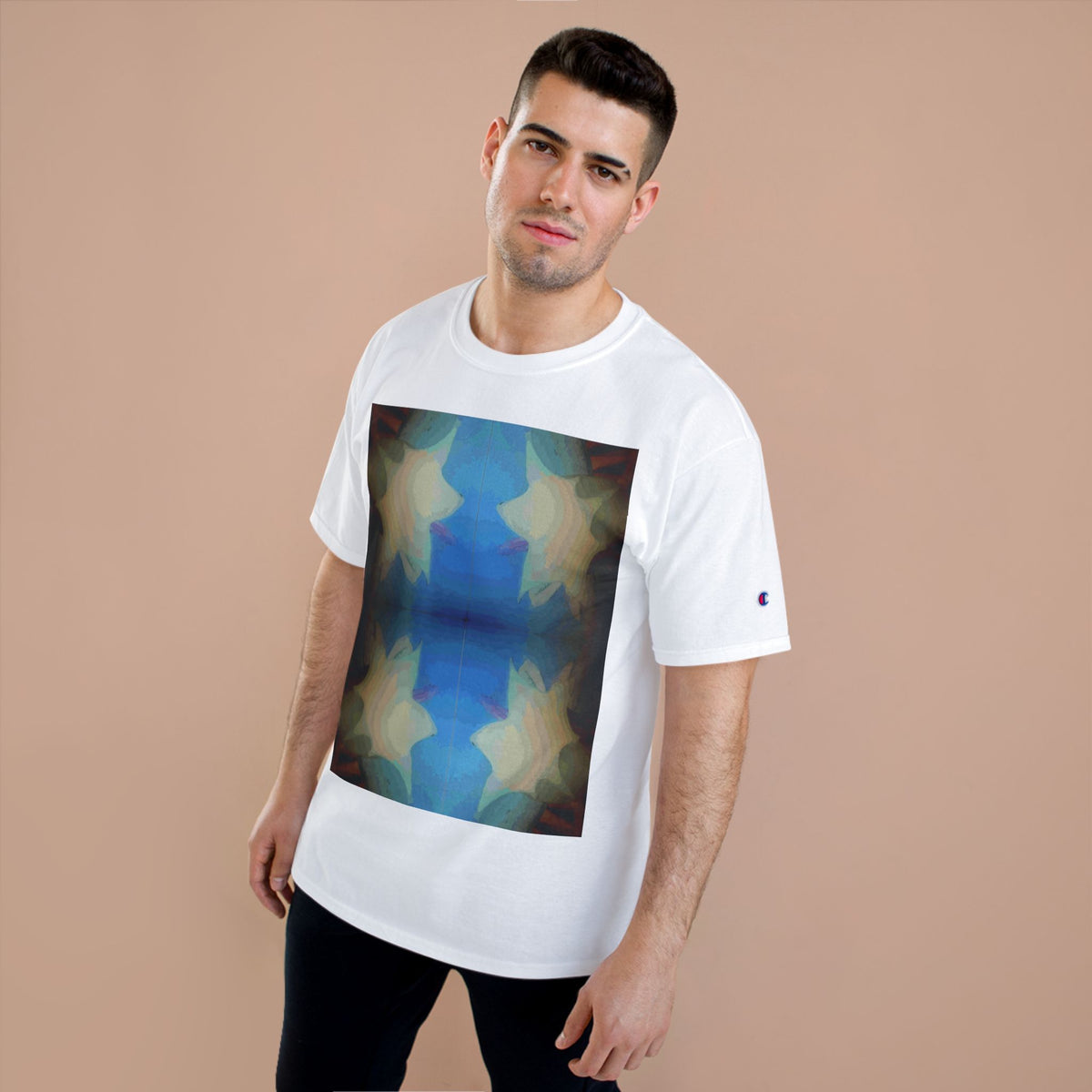 Abstract Blue Floral T-Shirt — Symmetrical Kaleidoscope Art Tee