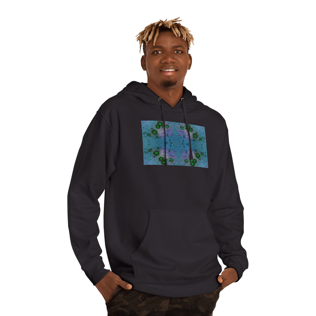 Kaleidoscope Floral Hoodie — Abstract Blue Green Pattern Pullover