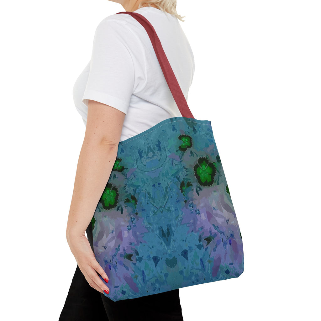 Abstract Blue-Green Art Tote Bag – All-Over Print Floral Kaleidoscope