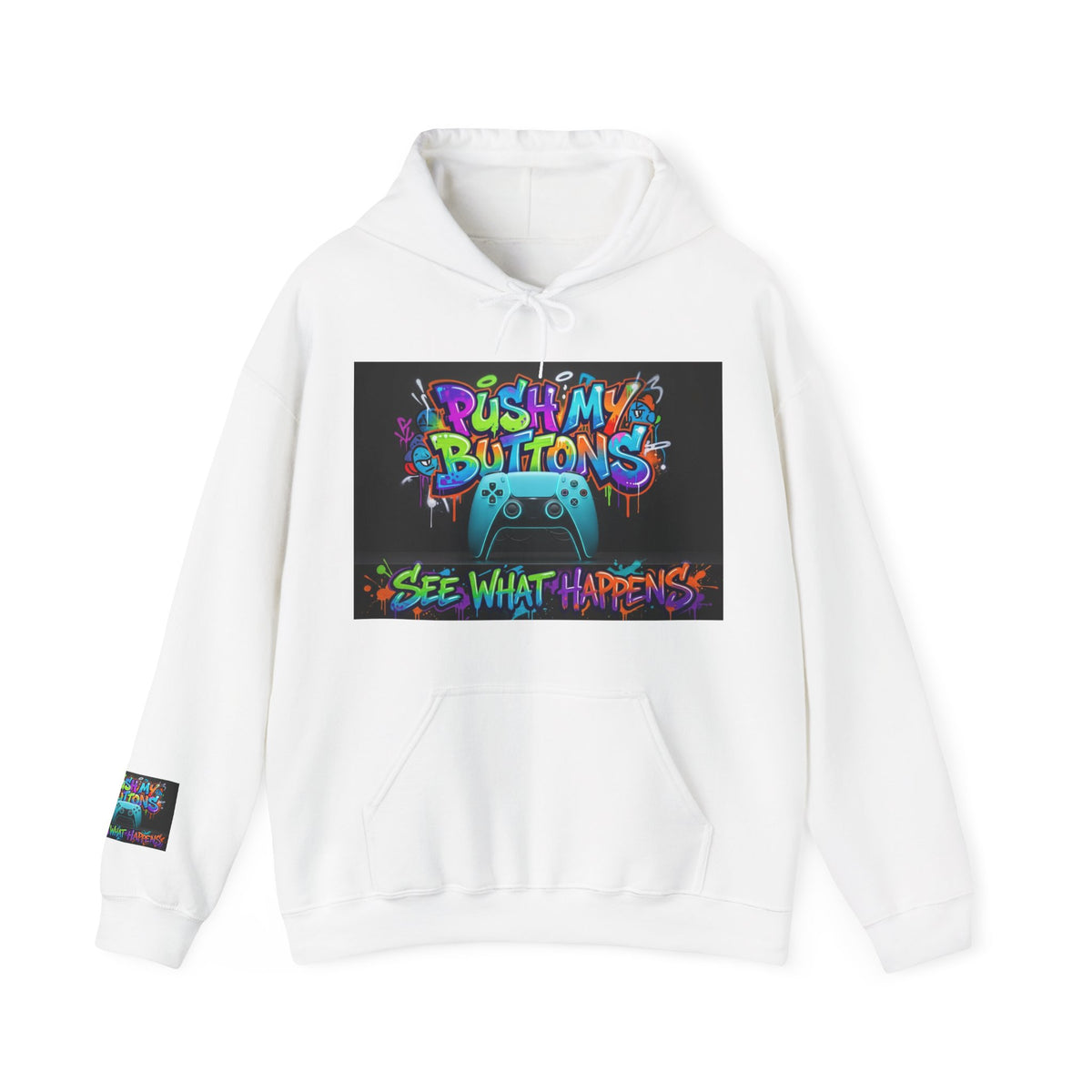 Gaming Hoodie — 'Push My Buttons' Colorful Controller Graphic