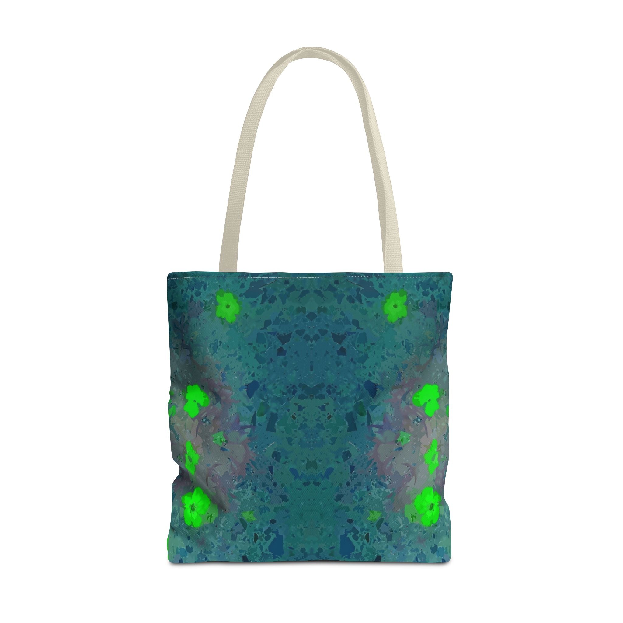 Teal Kaleidoscope Tote Bag — Abstract Green Floral All-Over Print
