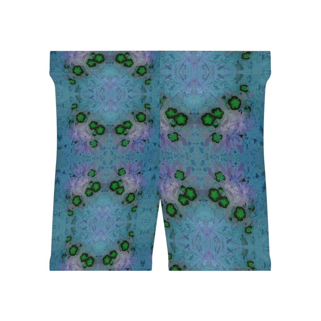 Blue Green Kaleidoscope Women's Biker Shorts — Abstract Floral Activewear