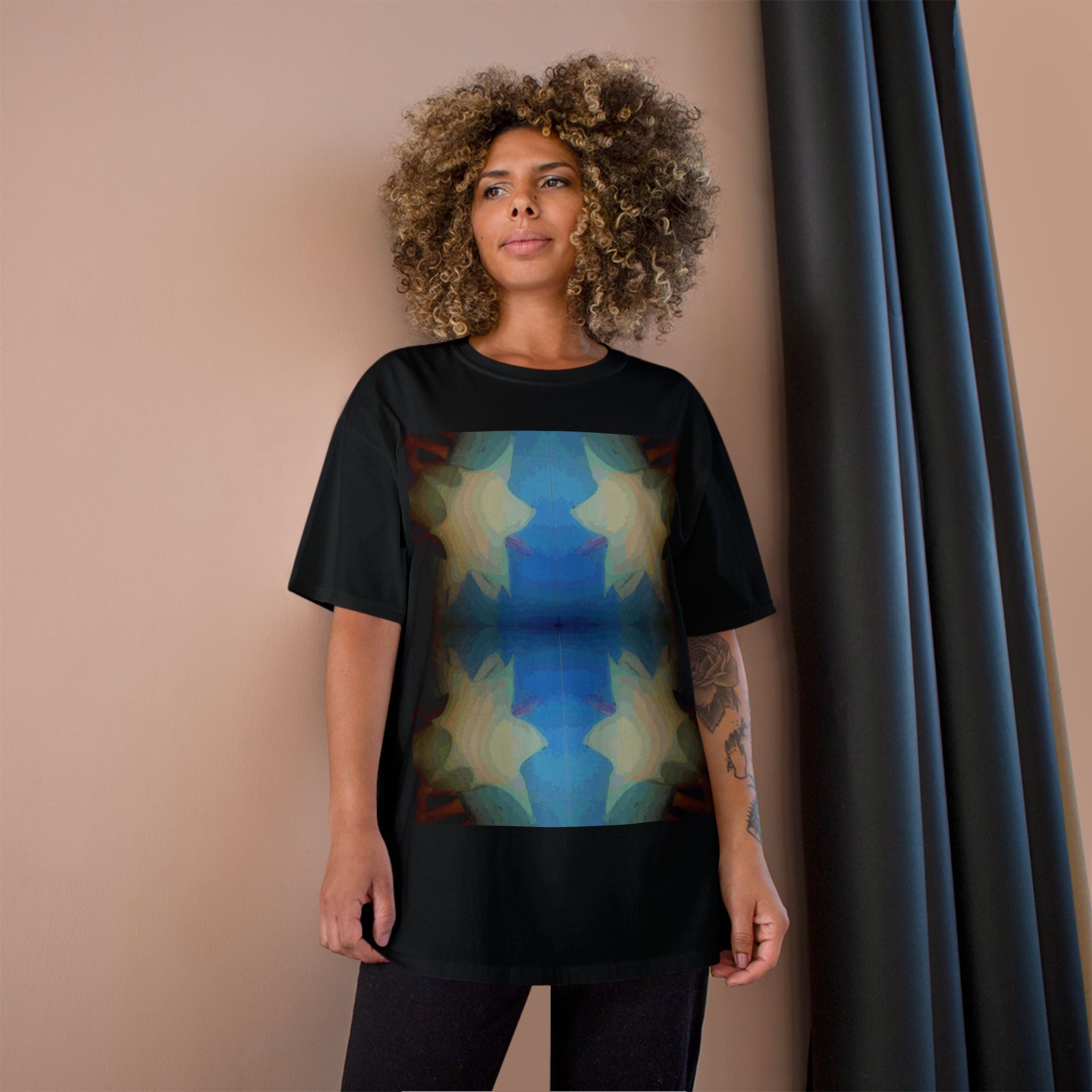 Abstract Blue Floral T-Shirt — Symmetrical Kaleidoscope Art Tee