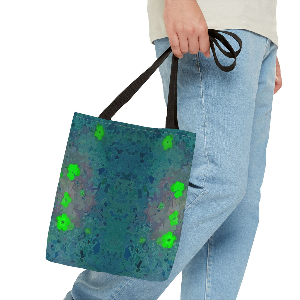 Teal Kaleidoscope Tote Bag — Abstract Green Floral All-Over Print