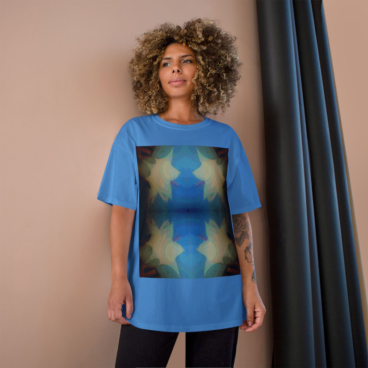 Abstract Blue Floral T-Shirt — Symmetrical Kaleidoscope Art Tee