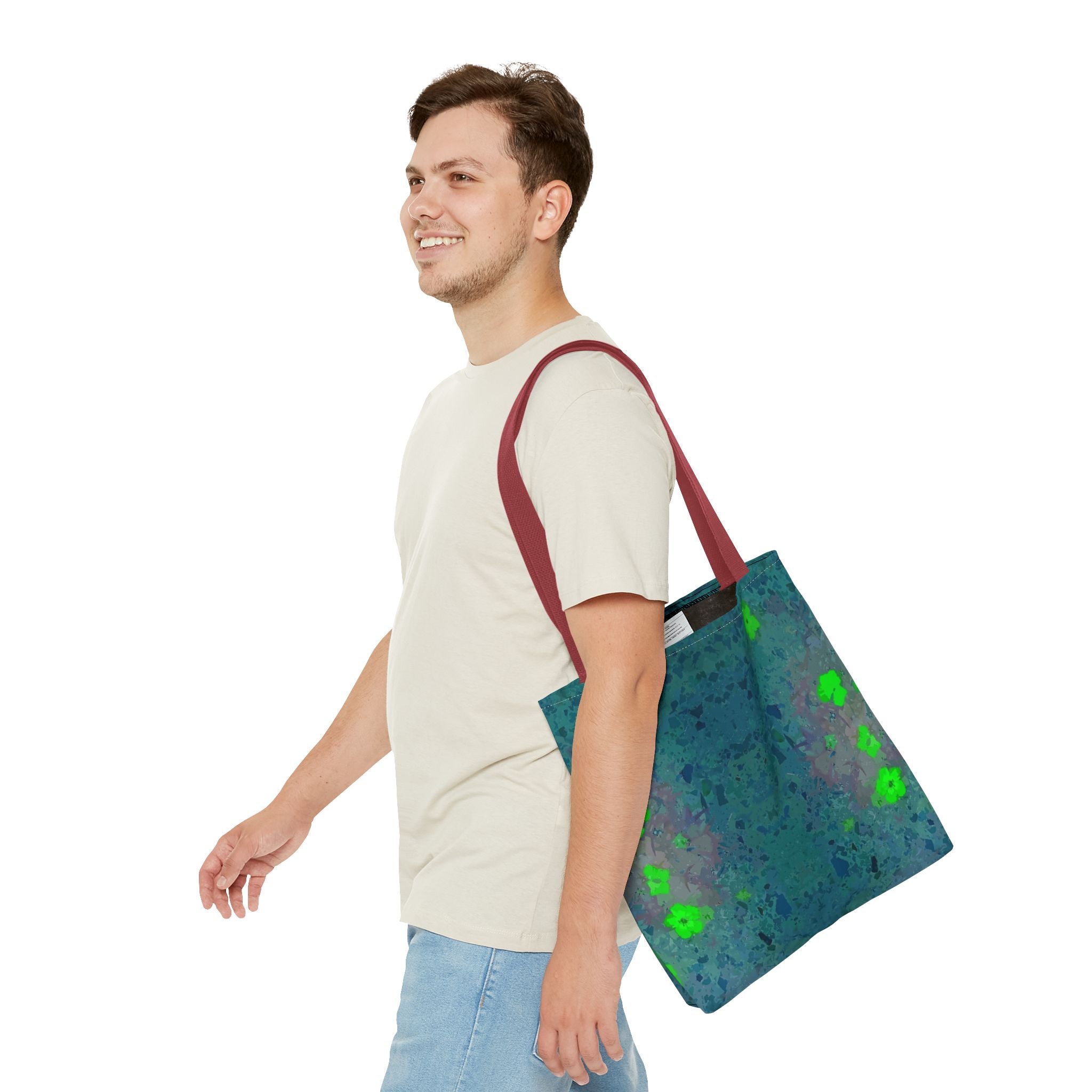 Teal Kaleidoscope Tote Bag — Abstract Green Floral All-Over Print