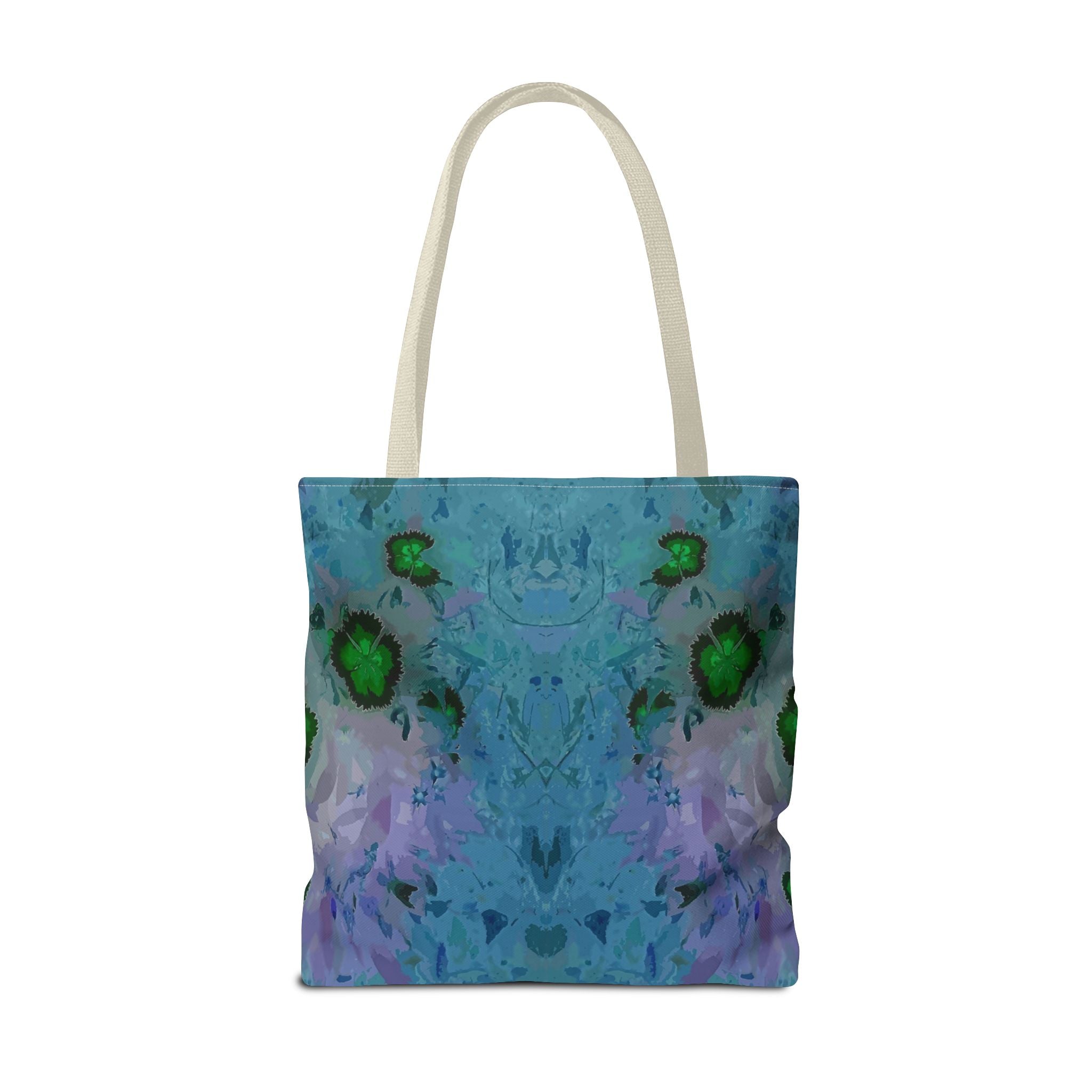 Abstract Blue-Green Art Tote Bag – All-Over Print Floral Kaleidoscope