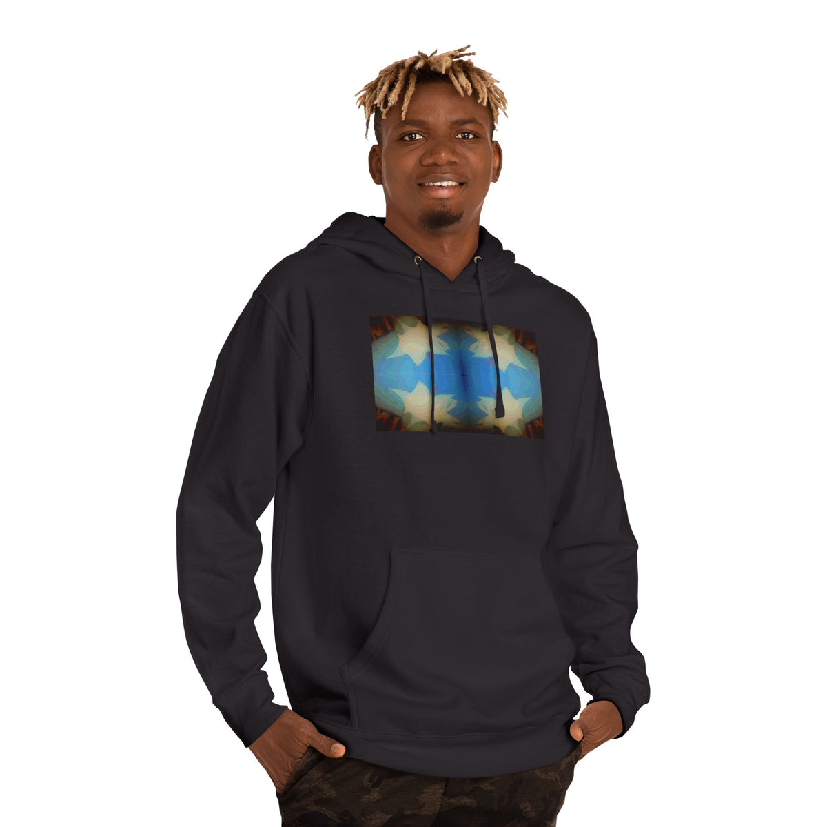 Abstract Blue Starfield Hoodie — Vintage Kaleidoscope Graphic Hooded Sweatshirt