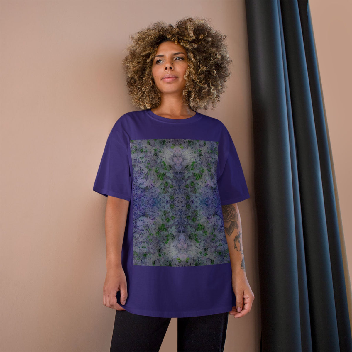 Abstract Floral Kaleidoscope T-Shirt — Purple Green Symmetry Print