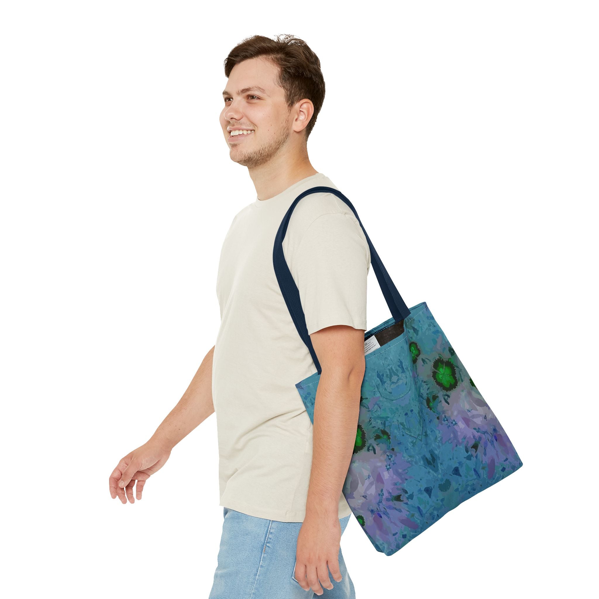 Abstract Blue-Green Art Tote Bag – All-Over Print Floral Kaleidoscope