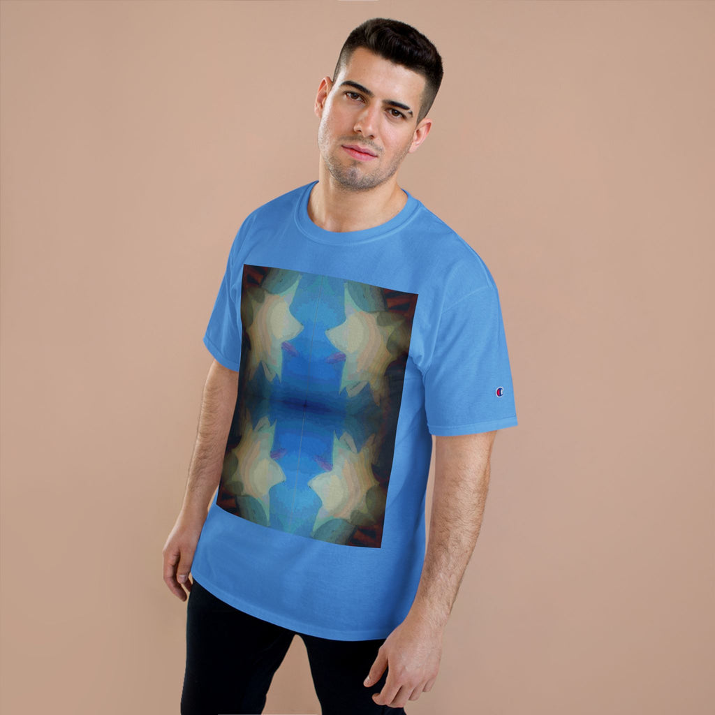Abstract Blue Floral T-Shirt — Symmetrical Kaleidoscope Art Tee