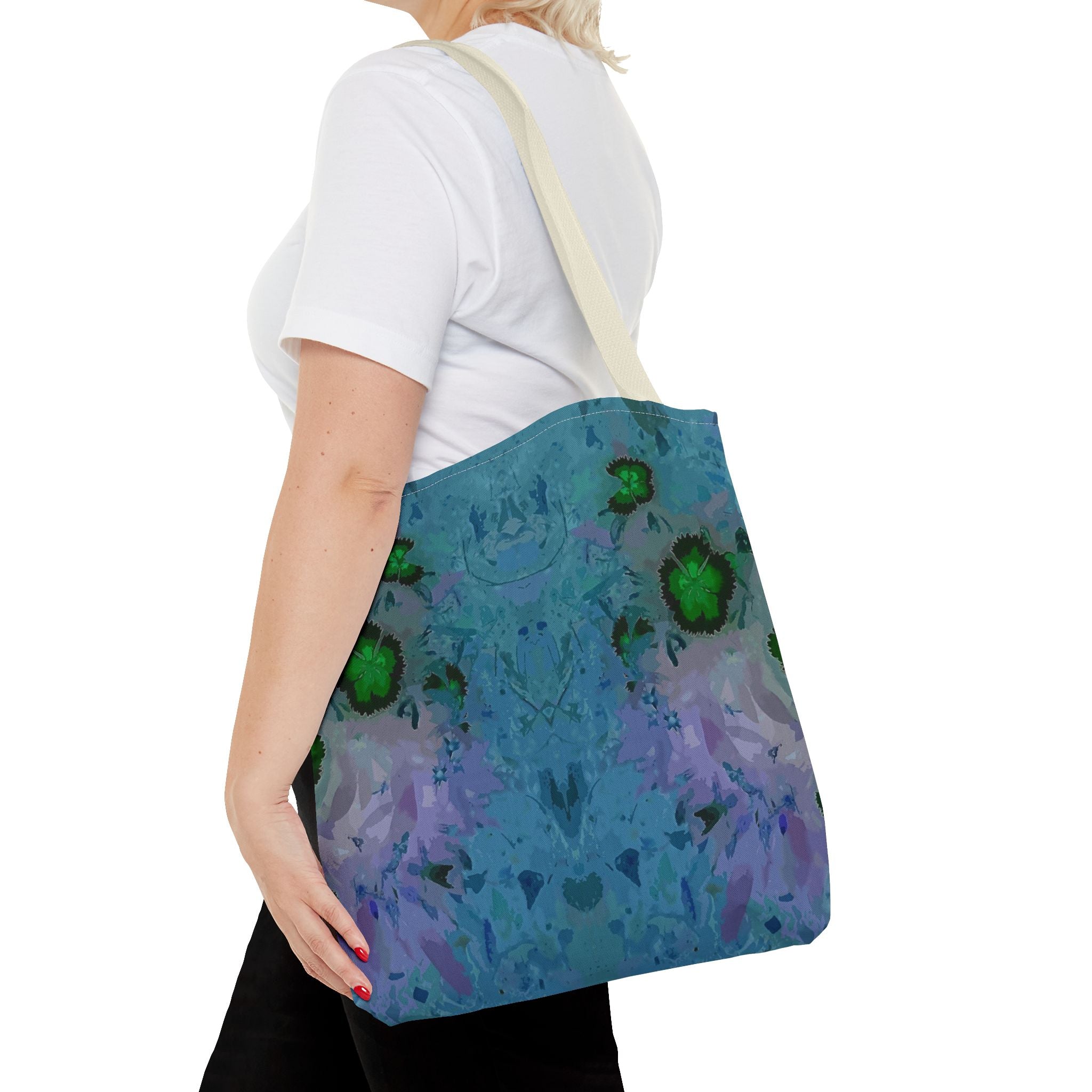 Abstract Blue-Green Art Tote Bag – All-Over Print Floral Kaleidoscope