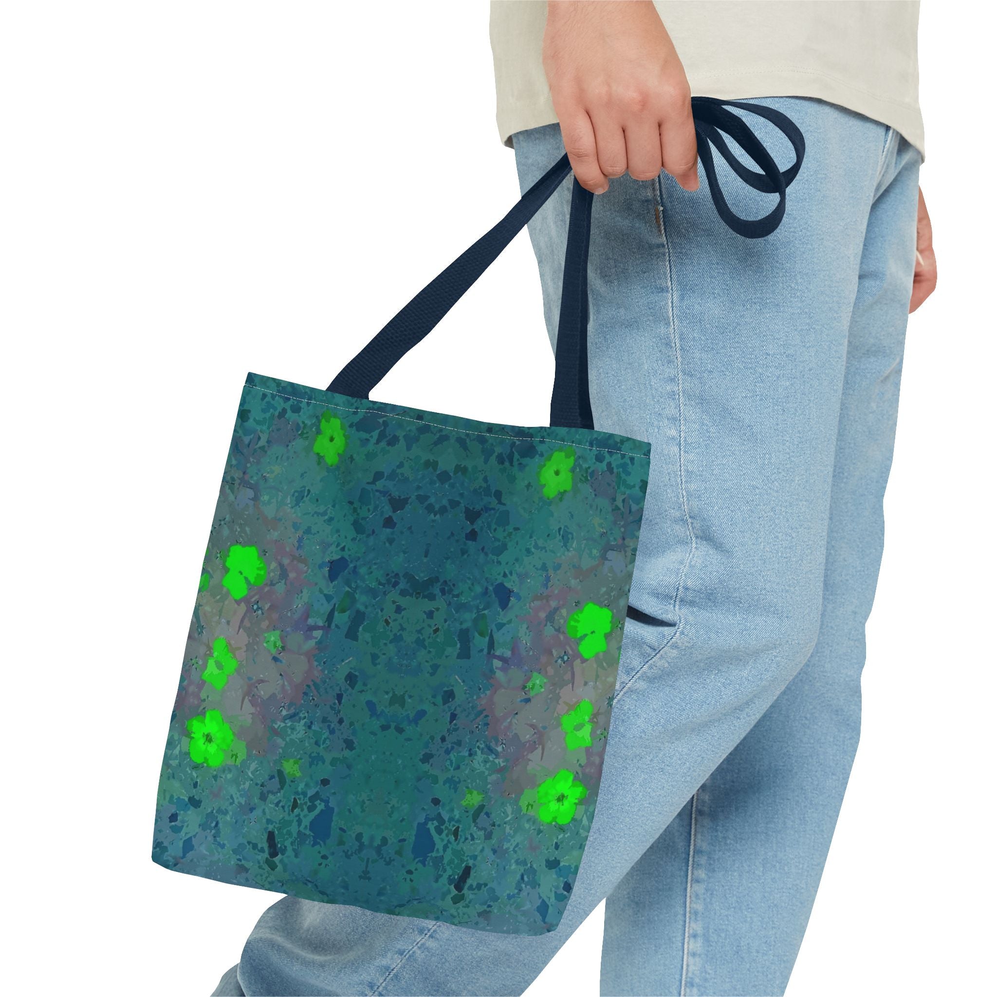 Teal Kaleidoscope Tote Bag — Abstract Green Floral All-Over Print